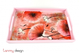 Pink rectangular lacquer tray with hand-painted lotus pond  20x32 cm